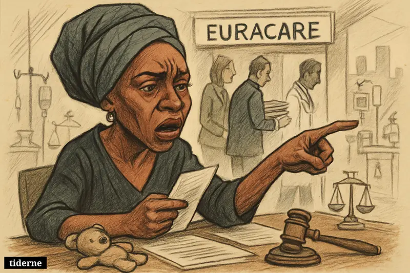 Caricature of Chimamanda Ngozi Adichie confronting hospital officials over delayed legal scrutiny after her young son’s death.