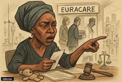 Caricature of Chimamanda Ngozi Adichie confronting hospital officials over delayed legal scrutiny after her young son’s death.