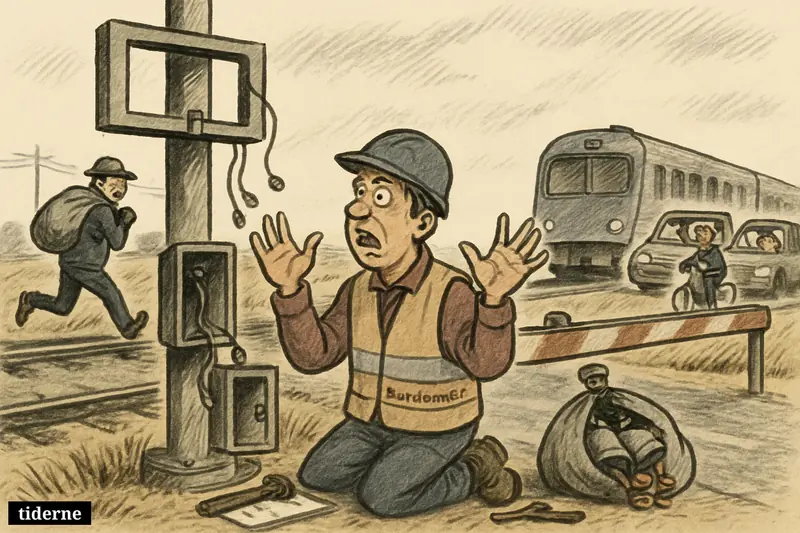 A railway worker reacts to stolen warning bells at a rural level crossing while a thief flees and traffic waits behind closed barriers.