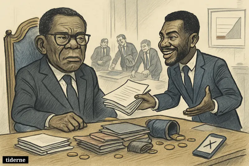 Caricature of Equatorial Guinea’s president and vice president amid a collapsing cabinet meeting, with resignation papers, oil symbolism, and anxious ministers.