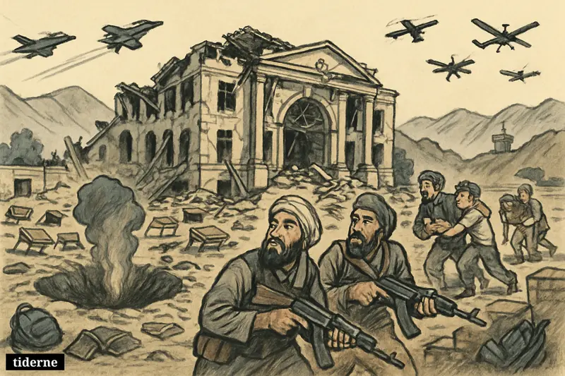 A damaged university campus with a crater, jets and drones overhead, wounded people fleeing, and armed fighters near a mountainous border.
