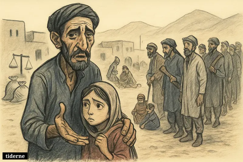 A desperate Afghan father and daughter stand before a line of unemployed men, with hungry families and sparse aid supplies nearby.