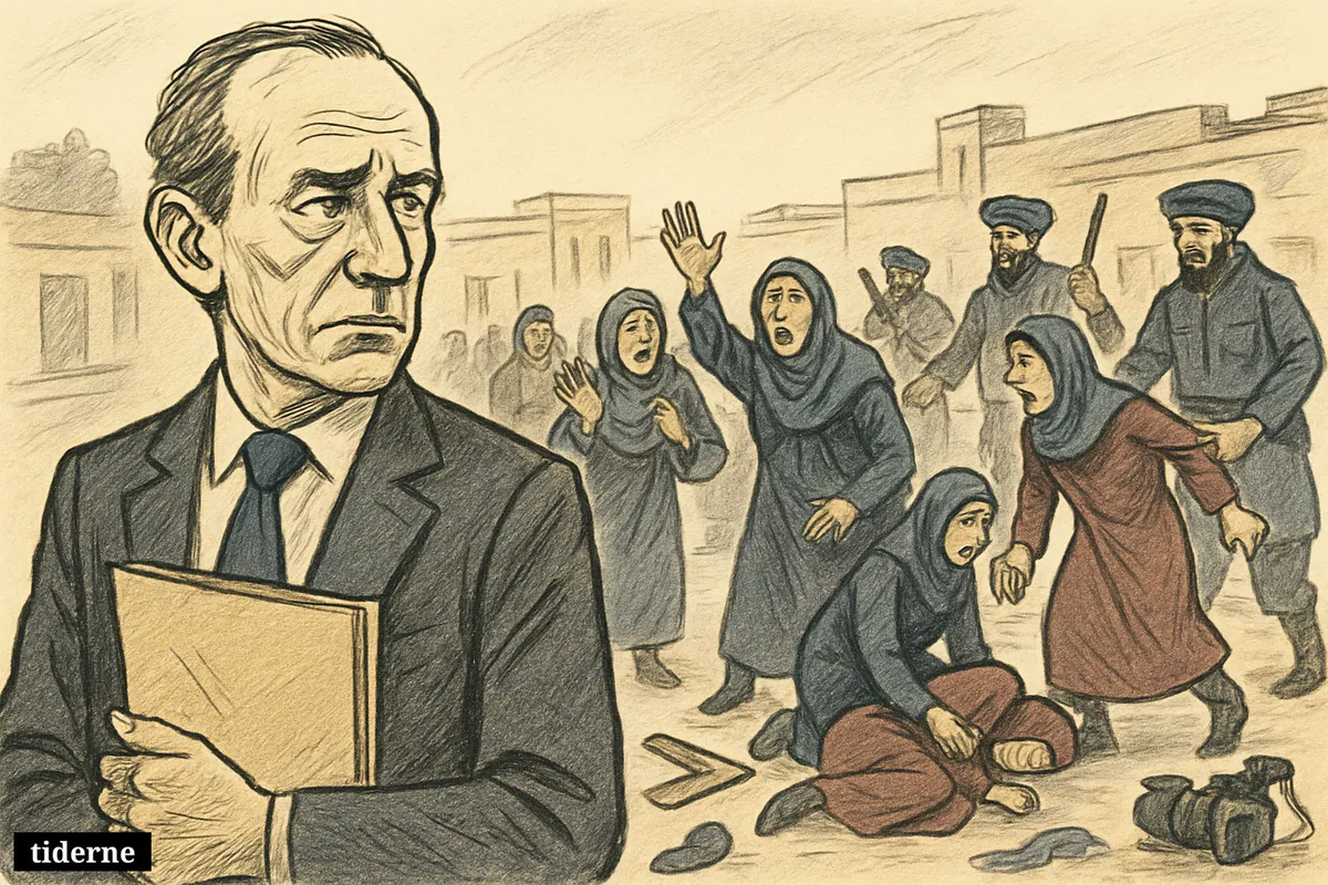 Caricature of Richard Bennett before a violent protest crackdown in Herat, with Afghan women, Taliban police, arrests, and injured people in the street.