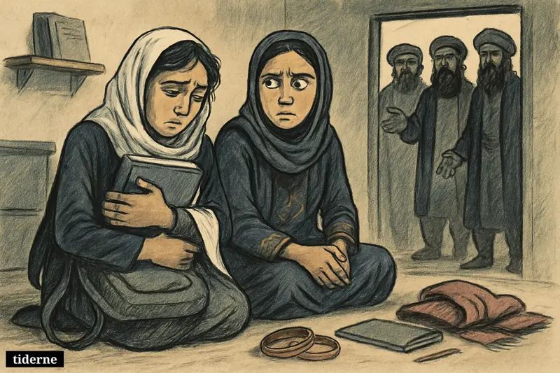 Two anxious Afghan girls sit with books and wedding items in a sparse room while stern Taliban figures block the doorway.