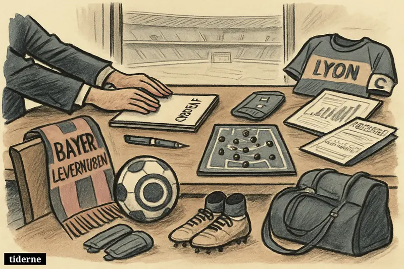 A football transfer negotiation table with Lyon and Bayer Leverkusen symbols, contract papers, and a young player’s gear between them.