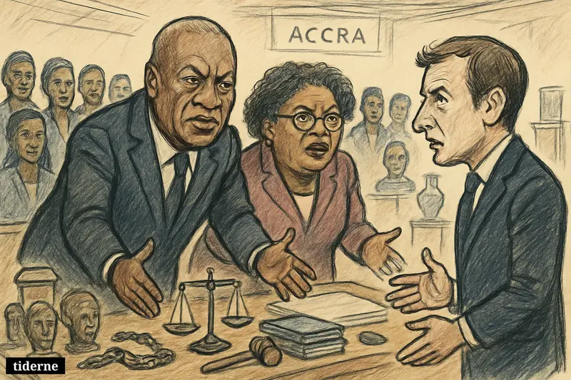Mahama and Mottley confront Macron across a conference table with broken chains, legal symbols, and restored artifacts in an Accra meeting hall.
