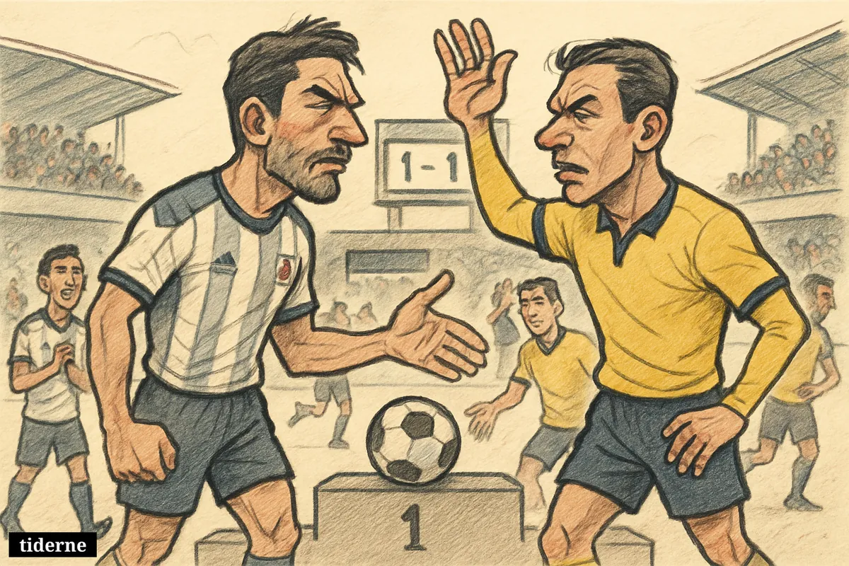 Two rival football captains face off at midfield after a draw, with teammates, balanced score panels, and a packed stadium behind them. (AI-genereret illustration)