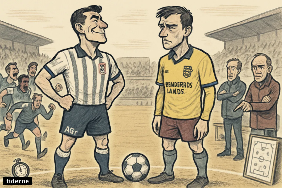 Two rival football captains confront each other at midfield as one side looks confident and the other strained before a season-opening match. (AI-genereret illustration)