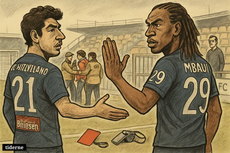 Aral Simsir and Kevin Mbabu confront disorderly football supporters as stewards remove fans from rival sections in a tense stadium scene.