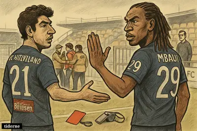Aral Simsir and Kevin Mbabu confront disorderly football supporters as stewards remove fans from rival sections in a tense stadium scene.