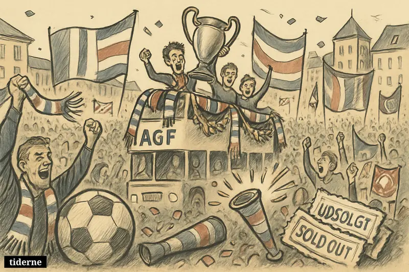 A packed Aarhus football celebration with a trophy parade bus, cheering AGF supporters, scarves, flags, and sold-out festival energy in a city square.
