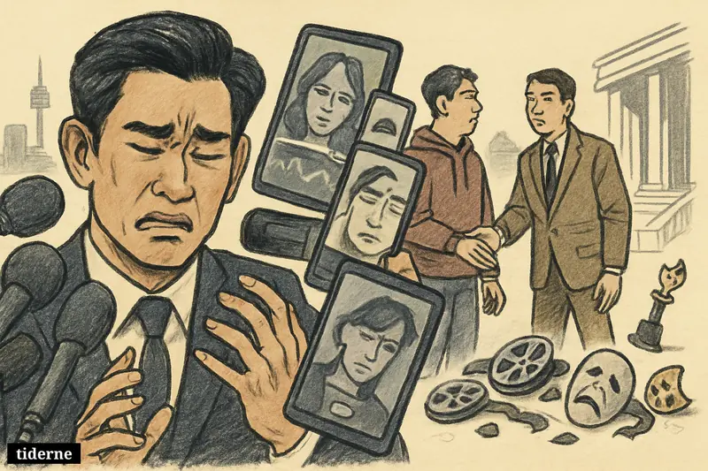 Kim Soo-hyun recoils from deepfake media screens as investigators confront Kim Se-ui, with damaged acting props symbolizing a career threatened by false AI evidence.