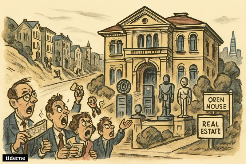 Caricature of luxury homes on a San Francisco hill as frantic wealthy bidders swarm a mansion amid AI wealth and tight housing supply. (AI-genereret illustration)