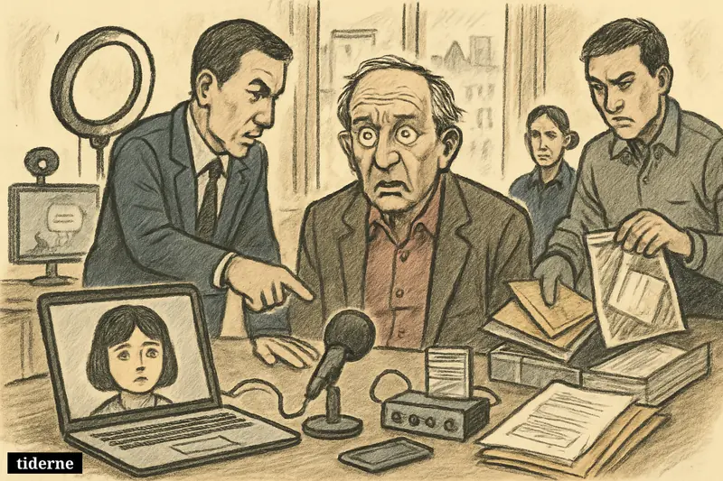 A caricature of a retired teacher being confronted by police beside screens, streaming gear, and an AI-generated girl profile in an investigation room.