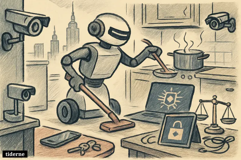 A household robot cleans and cooks in a New York apartment while multiple cameras record the space, surrounded by privacy and tech symbols.
