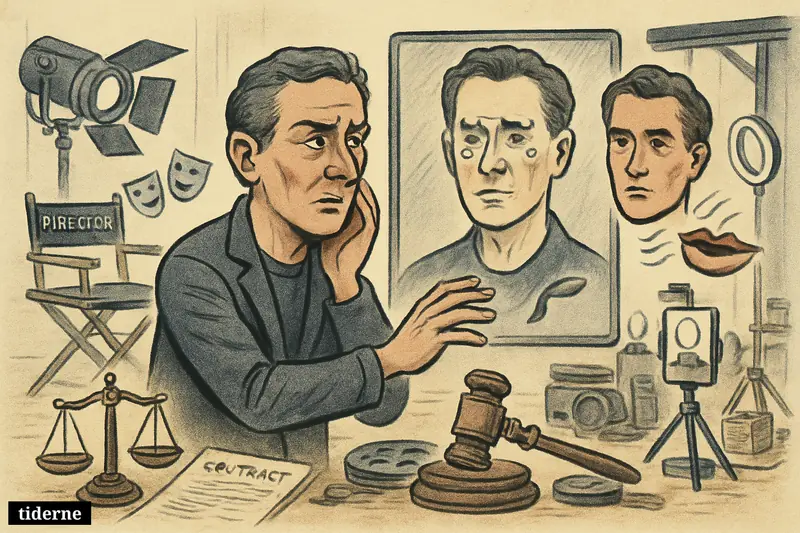 A performer in a film studio confronts a digital double, surrounded by movie gear, voice-cloning cues, and legal symbols about ownership.