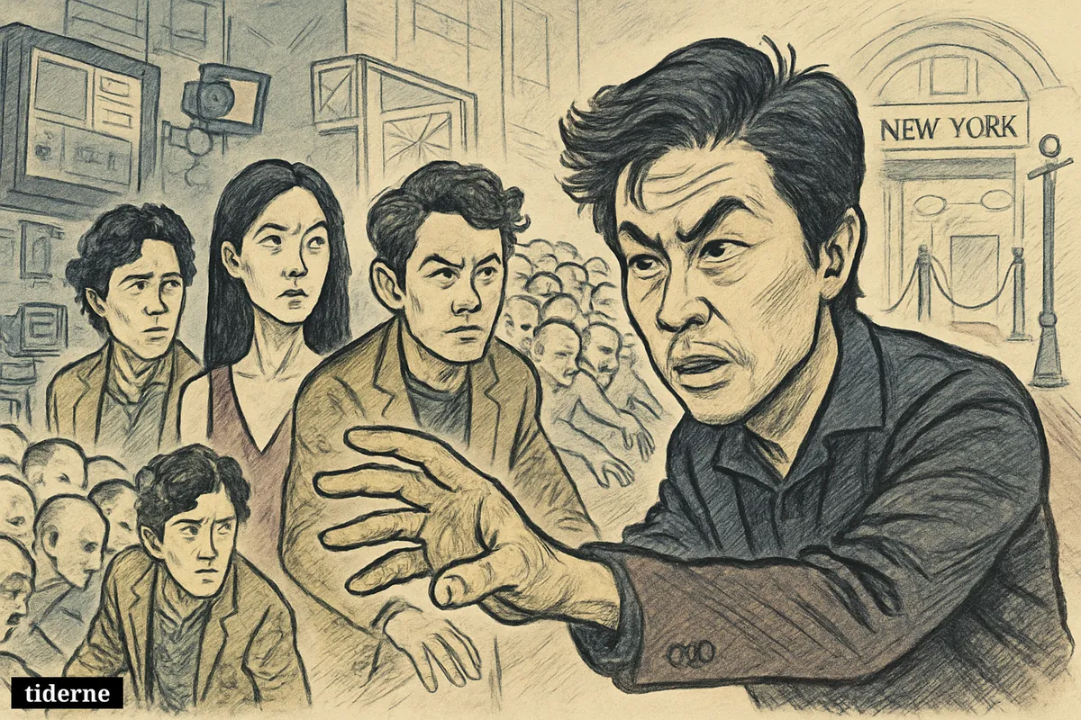 Caricature of Yeon Sang-ho directing Jun Ji-hyun, Ji Chang-wook, and Koo Kyo-hwan as synchronized zombies surge through a festival premiere scene. (AI-genereret illustration)