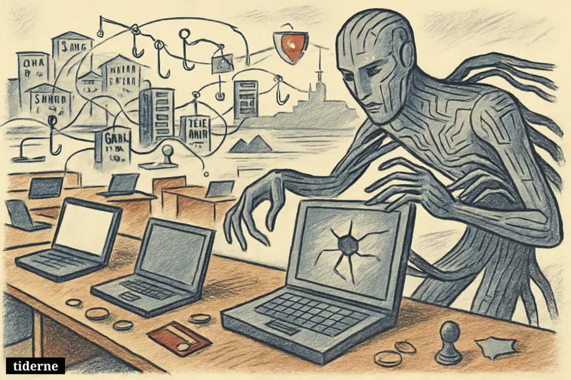 A giant AI figure looms over bank systems, probing digital vaults while a fragile network of Nordic banks shows signs of cyber breach.