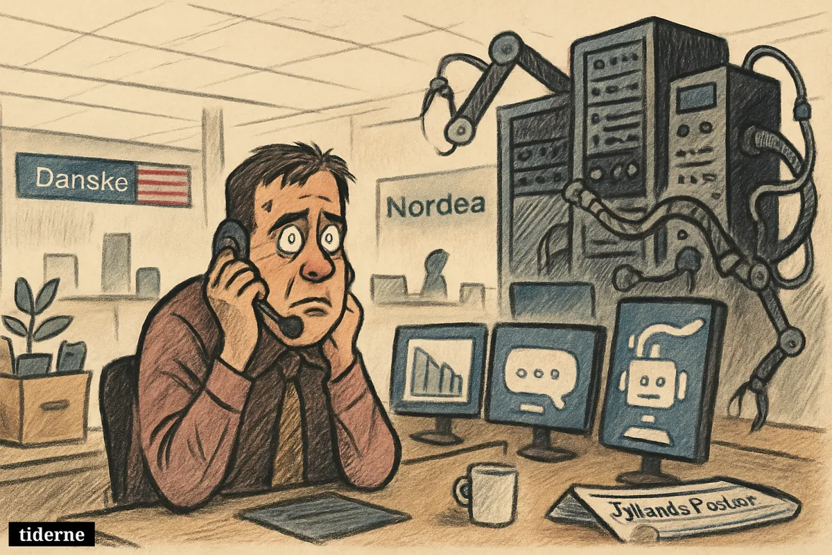An anxious bank office worker faces invasive AI screens as desks are cleared and bank-branded office areas suggest layoffs and workplace stress. (AI-genereret illustration)