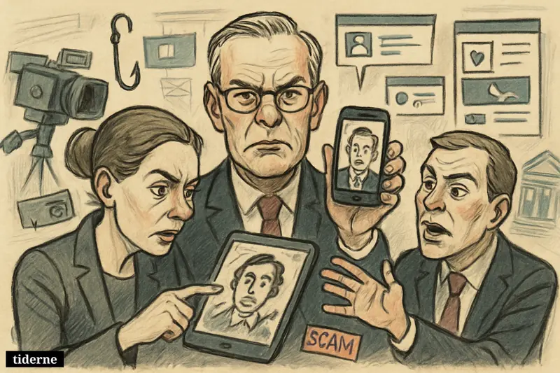 Caricatures of three Danish finance leaders reacting to fake news clips, scam screens, and social-media fraud tools surrounding them.