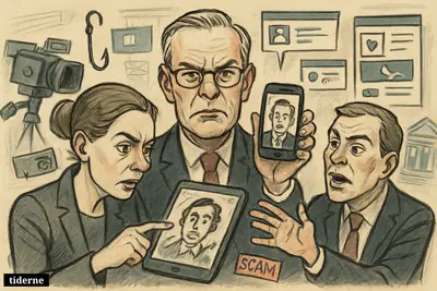 Caricatures of three Danish finance leaders reacting to fake news clips, scam screens, and social-media fraud tools surrounding them.