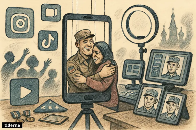 A giant phone shows an uncanny soldier homecoming video while grieving figures, media devices, and propaganda imagery surround the scene.