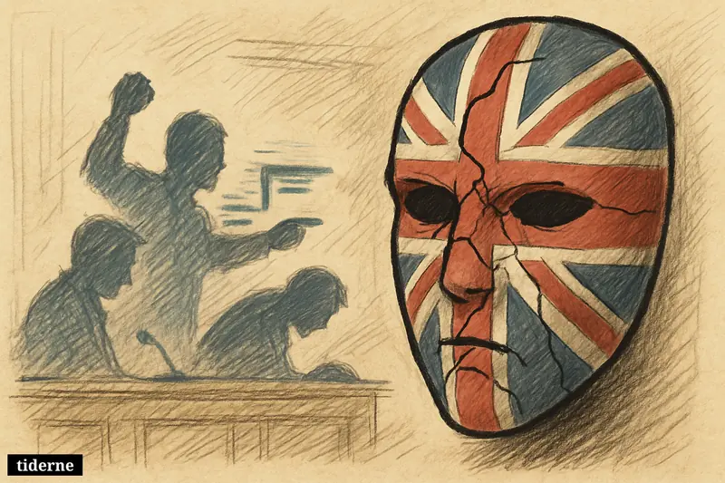 A fractured Union Jack mask floats in darkness, casting glitchy puppet-like shadows and distorted video frames on a black background