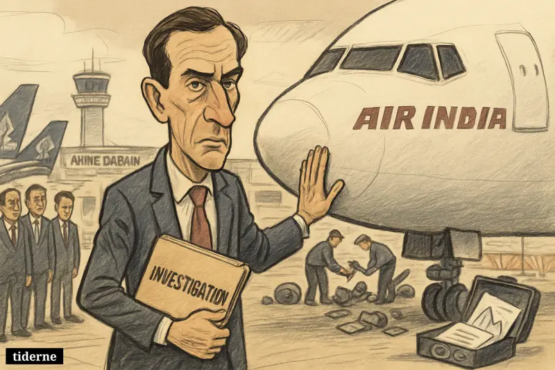 Caricature of Air India chief Campbell Wilson on an airport tarmac beside a jet, holding an investigation file amid executives, mechanics, and signs of crisis.