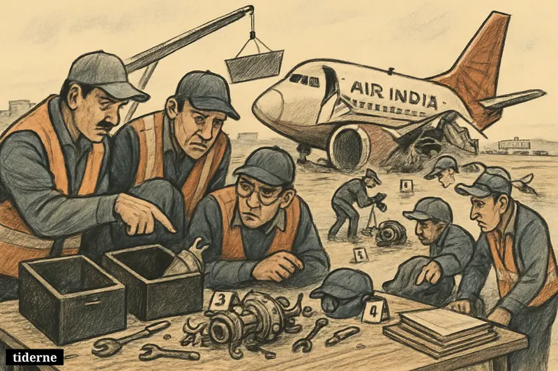 Investigators examine the wreckage of an Air India jet near an airport field, with black boxes, debris, and recovery crews around the crash site.