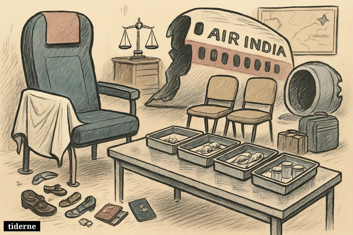 A forensic room with jet wreckage, evidence trays, empty waiting chairs, and personal belongings symbolizing unresolved identification after a crash.