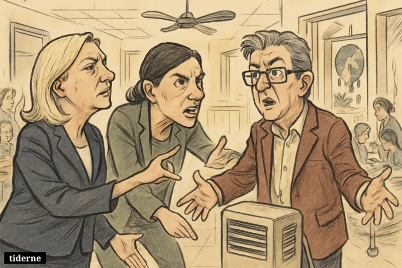 Caricature of Marine Le Pen, Marie Tondelier, and Jean-Luc Mélenchon arguing over cooling as overheated students and hospital patients suffer nearby.