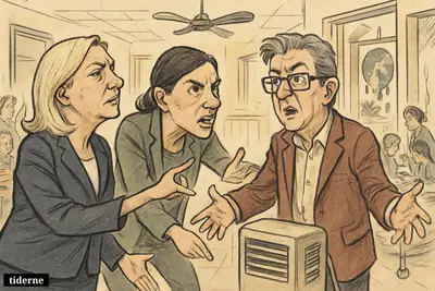 Caricature of Marine Le Pen, Marie Tondelier, and Jean-Luc Mélenchon arguing over cooling as overheated students and hospital patients suffer nearby.