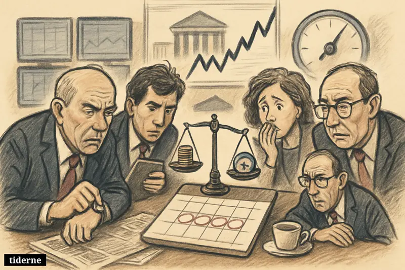 Anxious investors stare at a desk calendar with three marked dates, surrounded by market charts, economic papers, and central bank symbols.