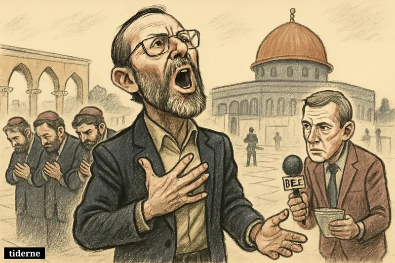 Caricature of Moshe Feiglin praying and singing at al-Aqsa while a BBC reporter watches, with worshippers and security nearby.