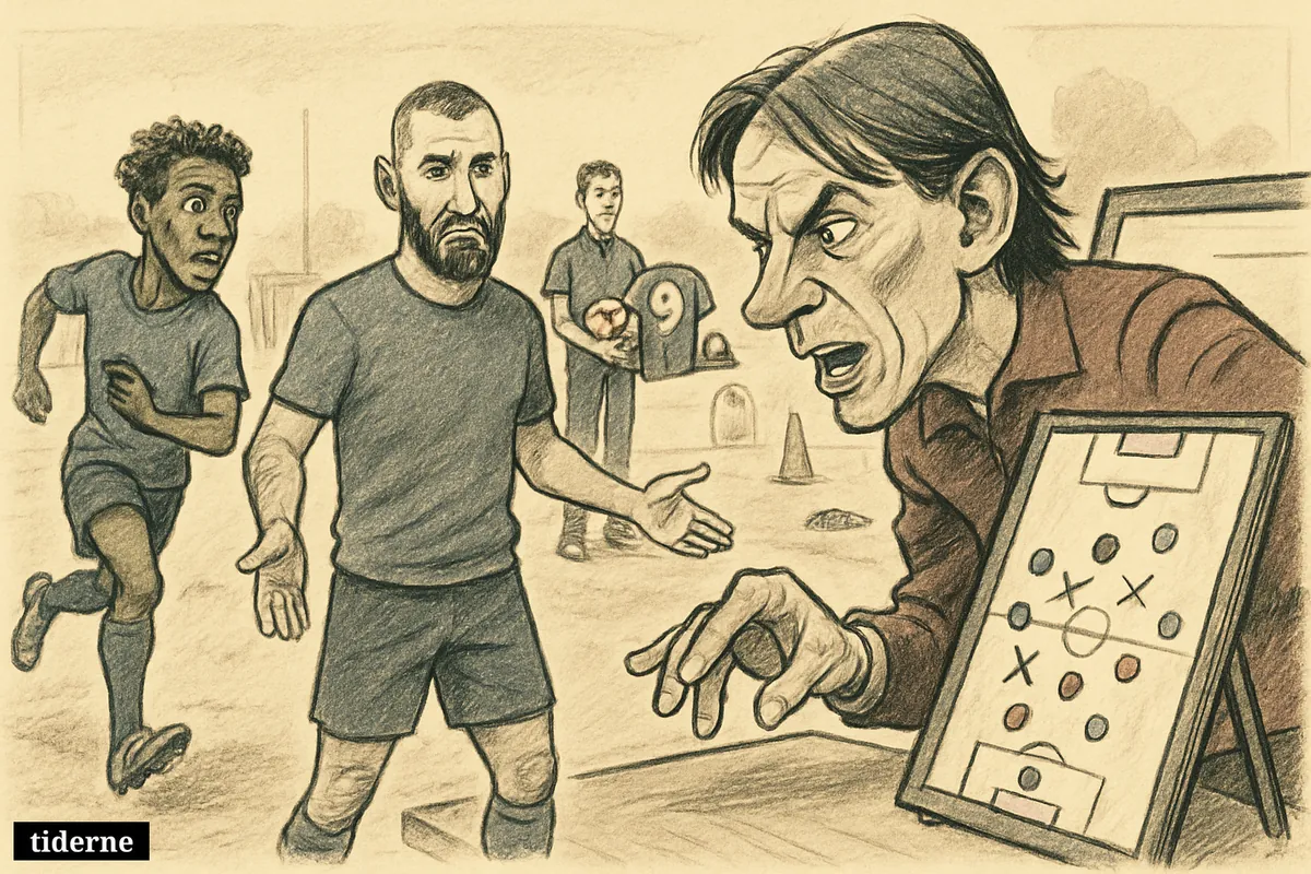 Caricature of Inzaghi reshaping a football lineup as Benzema looks uncertain while Summerville and Al-Dawsari compete on the training pitch. (AI-genereret illustration)