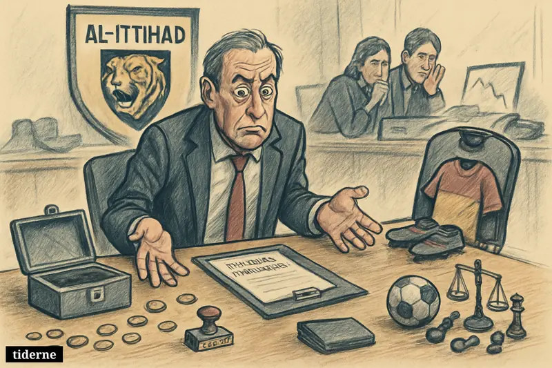 A desperate football club boardroom with empty cash box, unsigned transfer papers, worried executives, and Al-Ittihad symbols suggesting a collapsed deal. (AI-genereret illustration)