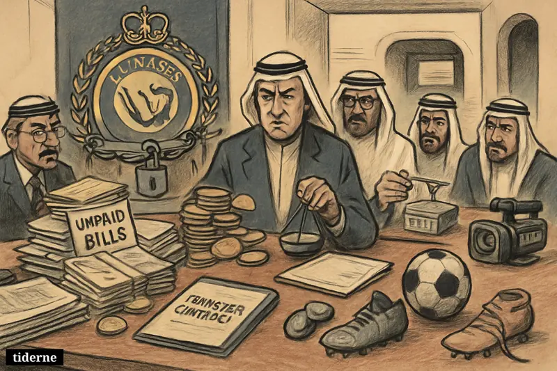 A locked football club boardroom scene shows debt, frozen transfers, and investors tightening control beside an empty stadium tunnel. (AI-genereret illustration)