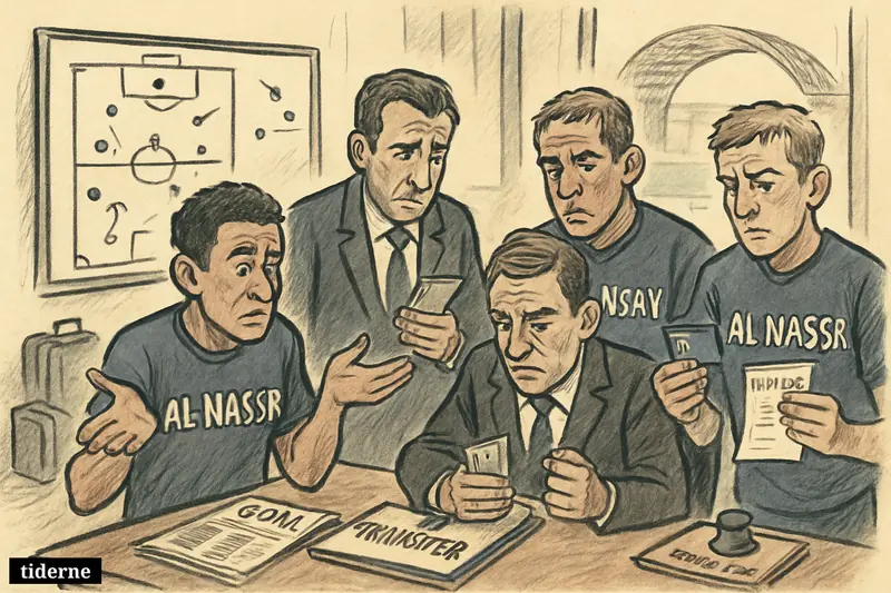 Caricature of worried football players and a tense club executive in an office, with stalled transfer plans and signs of unpaid wages. (AI-genereret illustration)