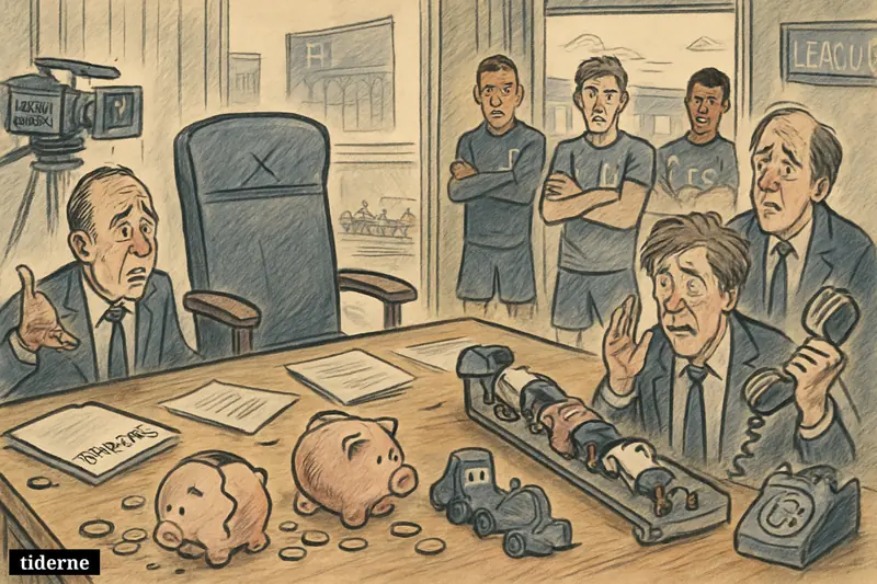 An empty chairman’s chair, worried football executives, unpaid bills, and frustrated players show a club trapped by debt and leadership chaos. (AI-genereret illustration)