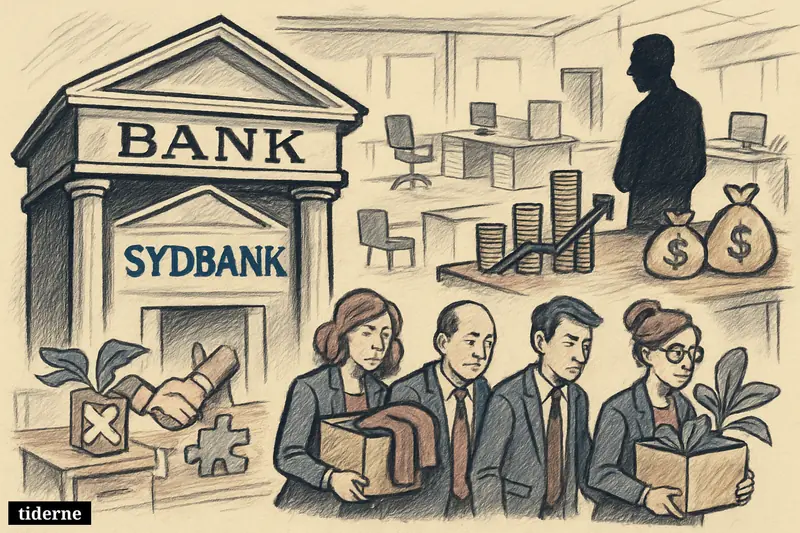 A merged bank dominates a branch interior as employees leave with boxes while profit symbols rise near consolidated banking desks.