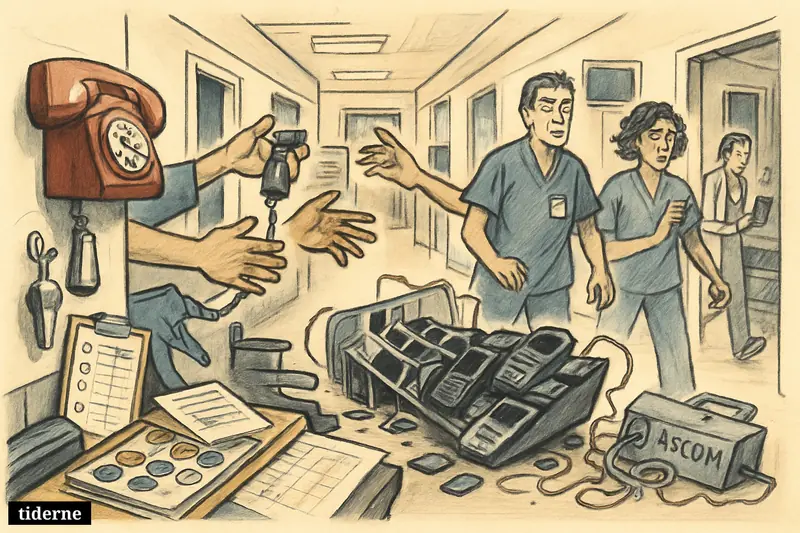 Hospital corridor with dead alarm phones, backup whistles and emergency telephones, as worried staff switch to manual emergency procedures.