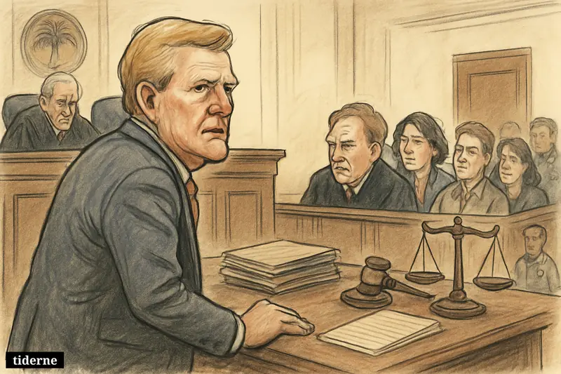 Caricature of Alex Murdaugh in a courtroom as appellate judges order a new trial, with uneasy jurors and legal symbols around him.