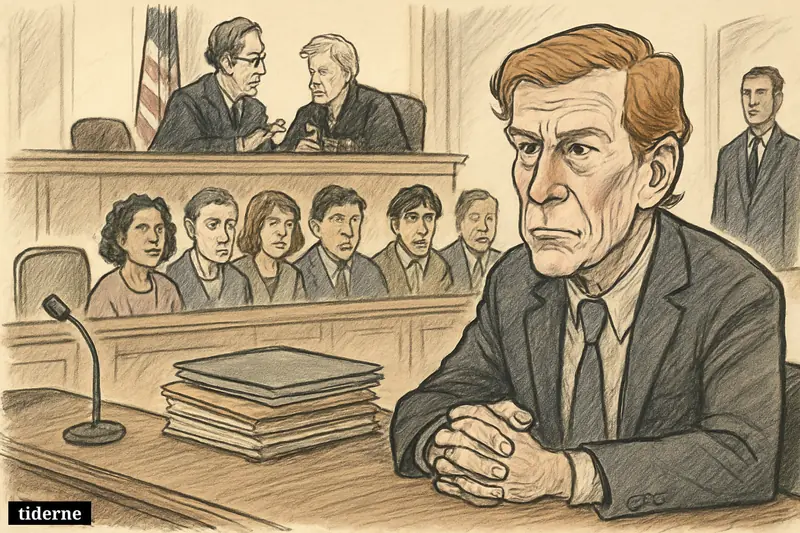 Caricature of Alex Murdaugh in a courtroom as judges, jurors, and a court official signal a murder retrial.