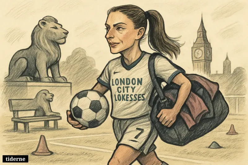 Caricature of Alexia Putellas arriving at a London football ground with a ball and bag, symbolizing her transfer to London City Lionesses. (AI-genereret illustration)