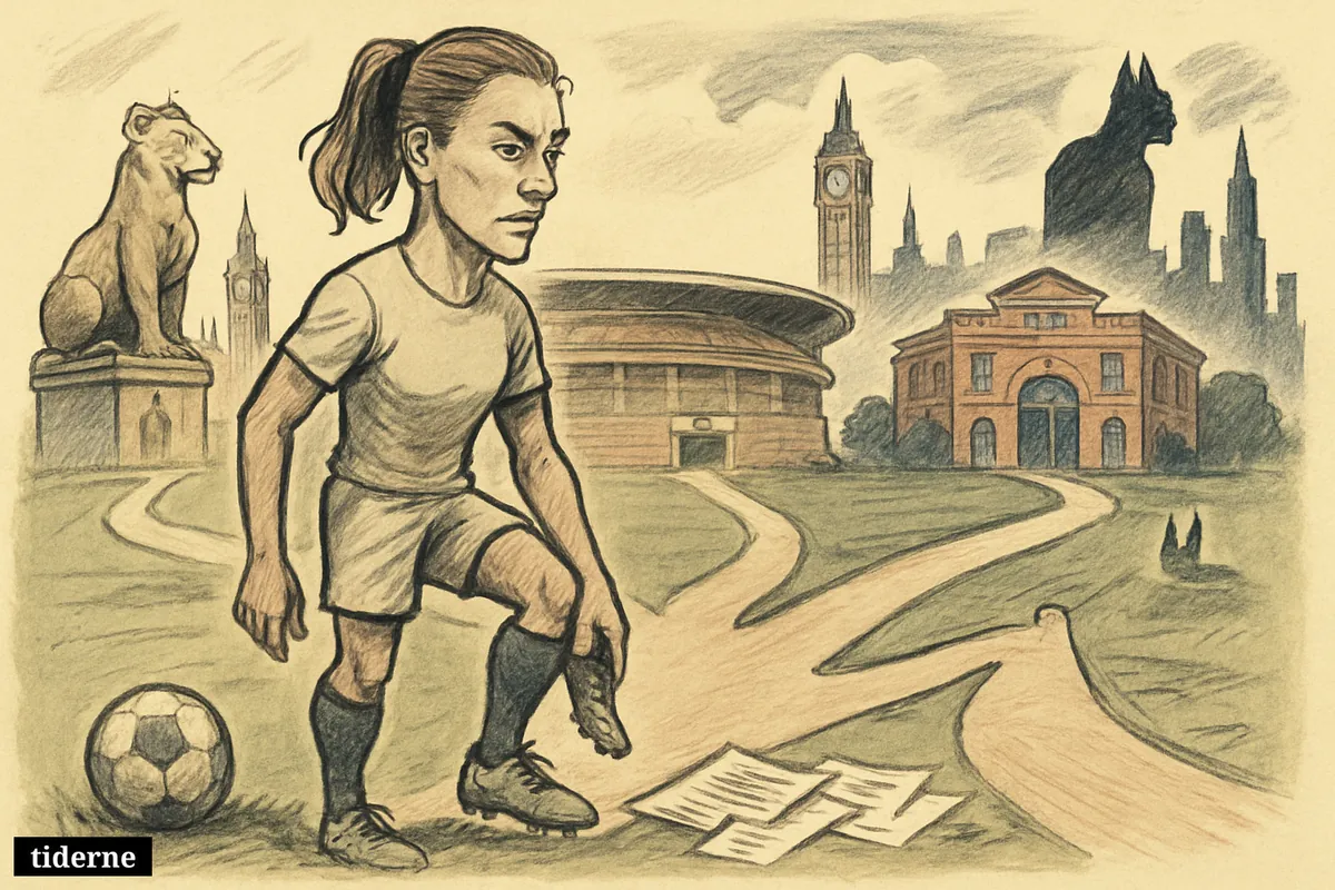 Alexia Putellas stands at a football crossroads, weighing three club destinations symbolized by London, Boston, and Gotham-inspired stadium scenes.
