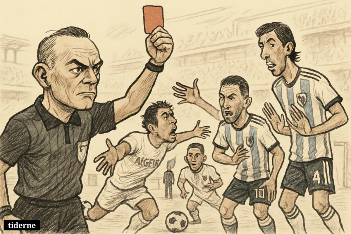 A referee raises a red card as Algerian players protest and two Argentine players react during a heated international football match.