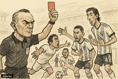 A referee raises a red card as Algerian players protest and two Argentine players react during a heated international football match.