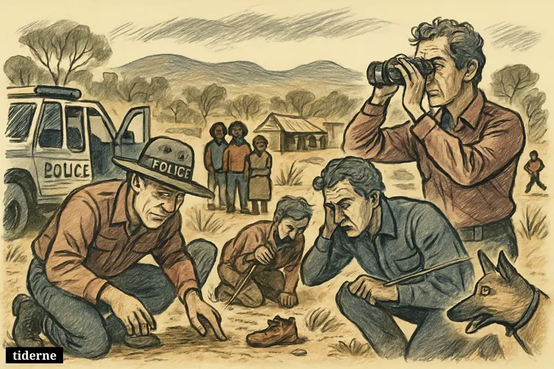 Police searchers, a dog, and an abandoned child’s shoe in remote scrubland near an outback camp, with a distant fleeing suspect.