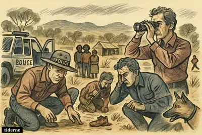 Police searchers, a dog, and an abandoned child’s shoe in remote scrubland near an outback camp, with a distant fleeing suspect.
