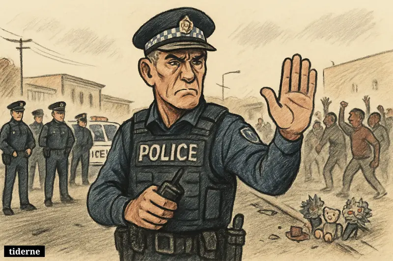 Caricature of police chief Martin Dole leading officers during unrest on an Alice Springs street, with a crowd and a small memorial behind him.